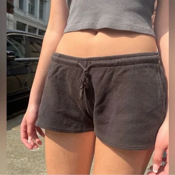 Brandy Melville Summer Thermal Shorts Waffle Knit Washed Grey Black O/S - Picture 1 of 7